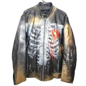 Mega Force Men's Sz46 Black Leather Custom Hand Painted Zip Motorcycle Jacket